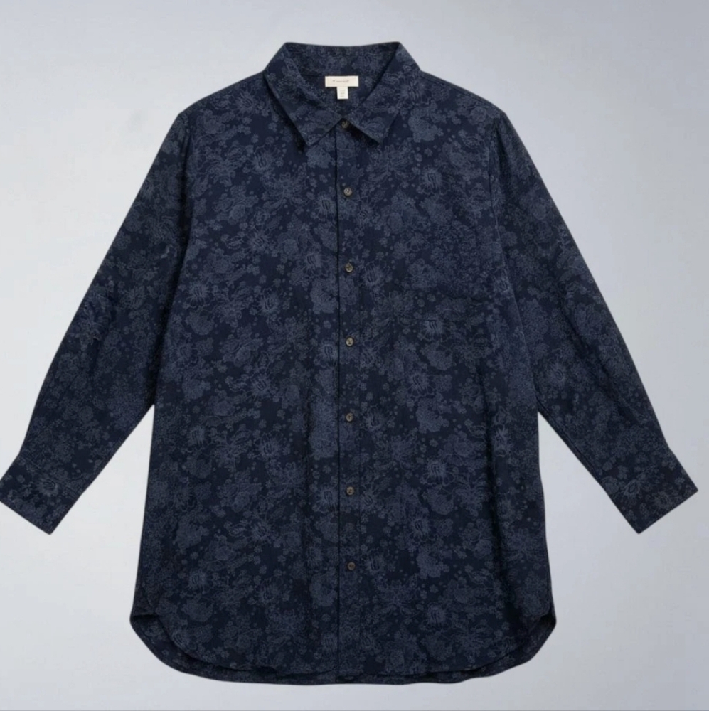 Pure Jill Blue Floral Long Sleeve Button Down Shirt Tunic Dress Size S
